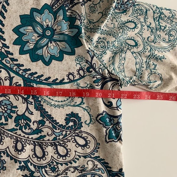 NWOT Susan Graver Weekend Oatmeal/Blue Size Large 3/4 Length Sleeve Cotton Blend - Picture 7 of 11